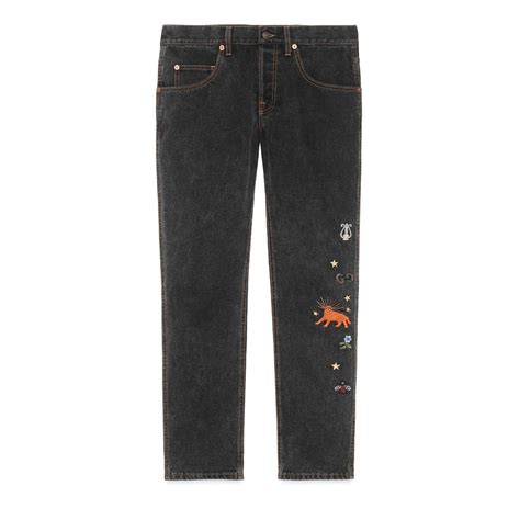 gucci black embroidered tapered jeans|gucci tapered jeans.